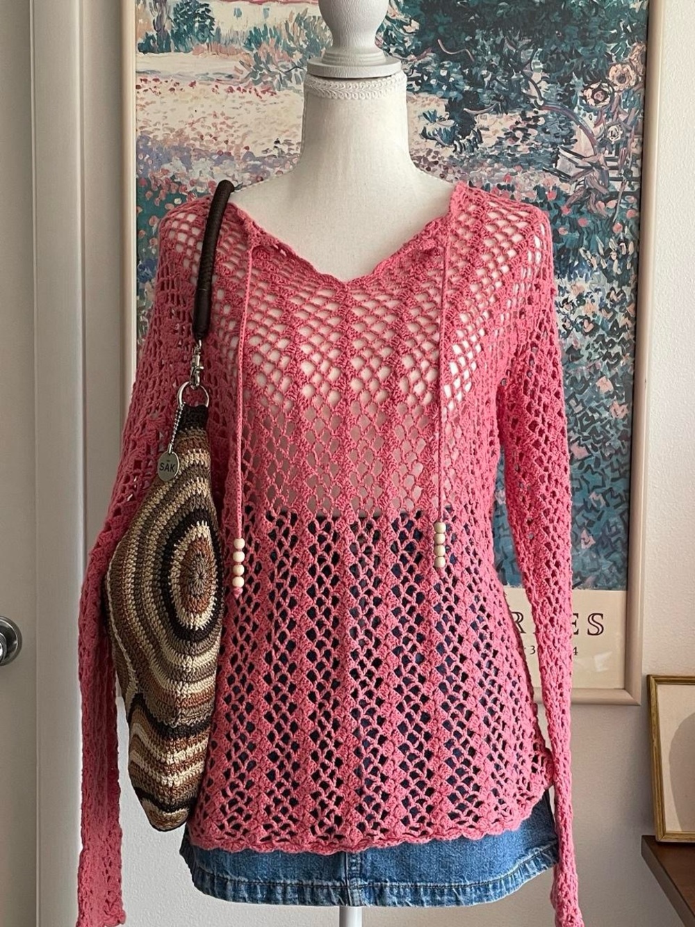 Pink Crochet Top Medium Open Knit Long Sleeve Boho Cottagecore Fairycore Beach